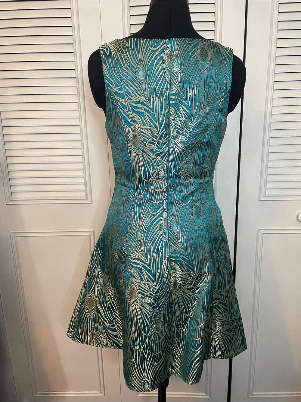 Teal Metallic Peacock Brocade Sheath Dress - Picture 6 of 9